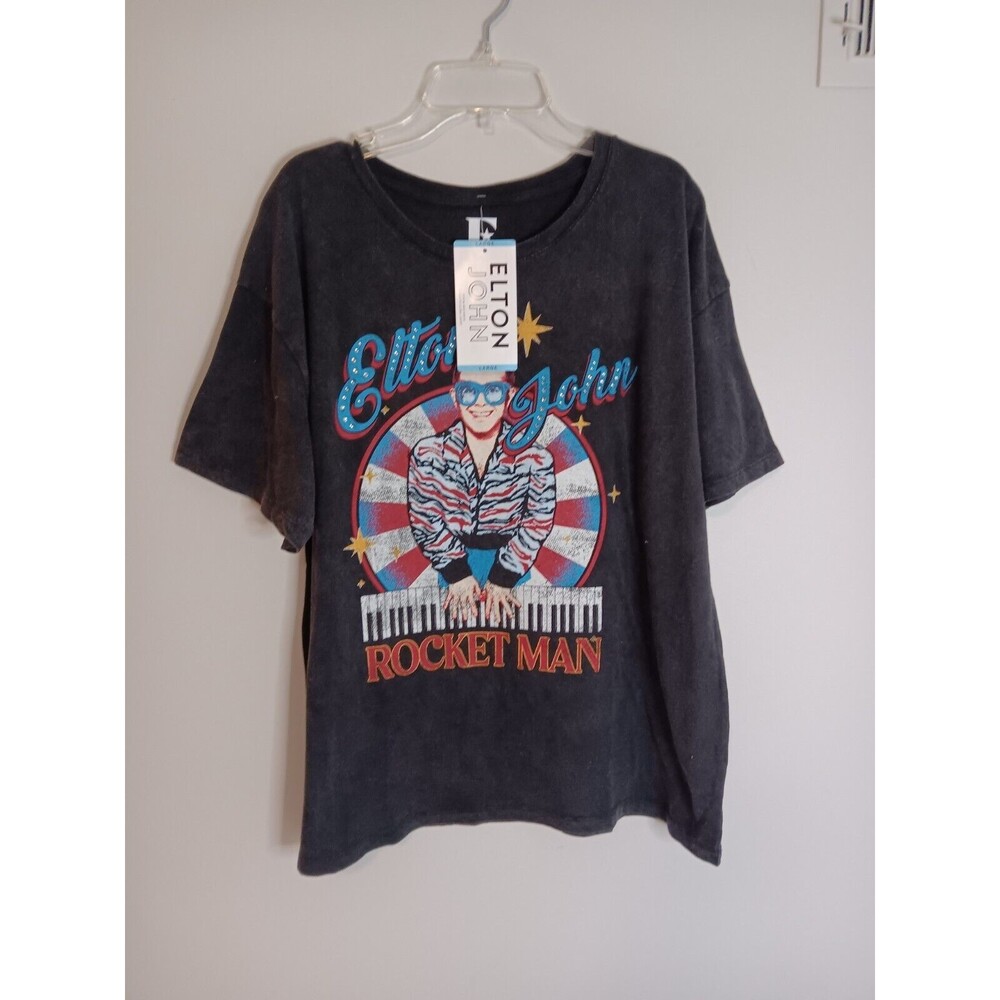 New Elton John Licensed Band Tee Shirt Black Sz Large Rocket Man